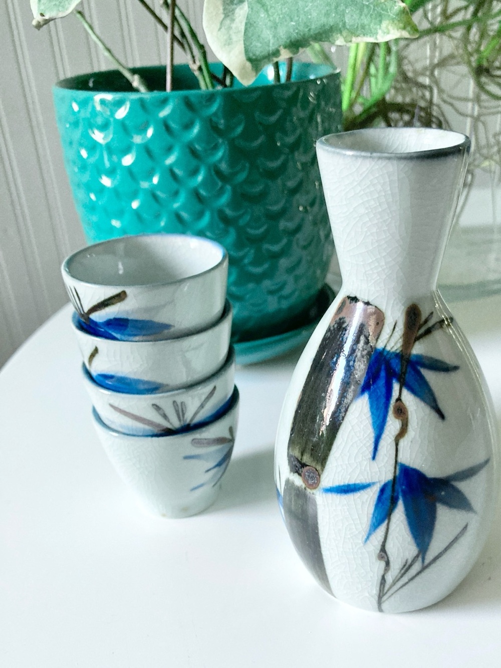 Hand-Painted Ceramic Sake Set with Blue Leaf Motif
